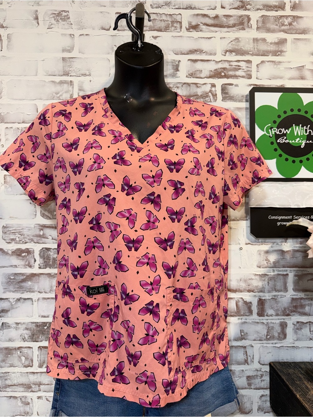 koi Pink Butterfly V-Neck Short Sleeve Scrub Top